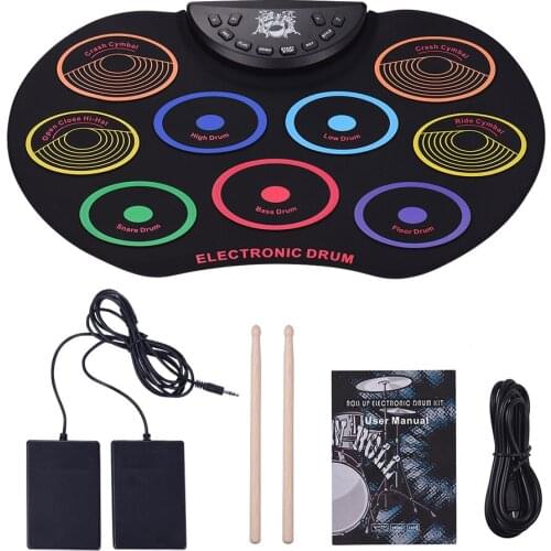 Compact Size Drum Set Electronic Drum Kit 9 Silicon Drum Pads USB/Battery Powered with Drumsticks Foot Pedals