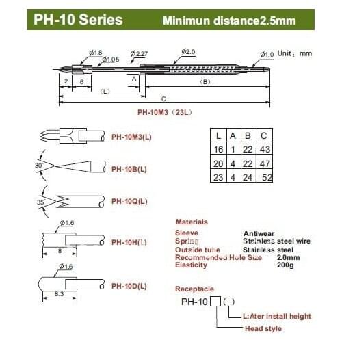 FREE SHIPPING 100PCS/LOT PH-10B (16L) 43MM Spring test probe Pogo Pin