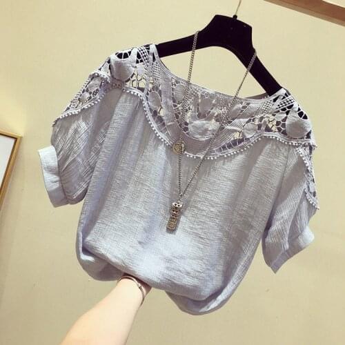 Lace Patchwork Chiffon Blouses Women Short Sleeve Spring Summer Style Shirts Lady Casual Hollow Out Blusas Tops