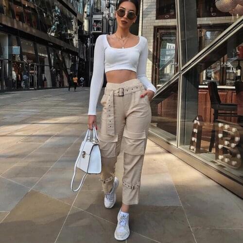 Spring And Autumn Women Chic Punk Straight Pants Pocket High Waist Hip-Hop Sweatpant Female Streetwear New Long Overalls Bandage
