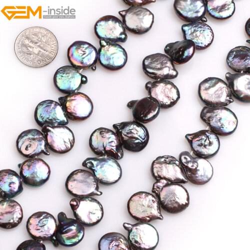Gem-inside Natural Top Drilled Black Coin Freshwater Cultured Pearls Beads for Jewelry Making 15'' DIY Jewelry