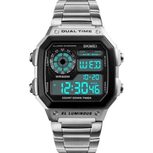 Trendy Stainless Steel Mens Electronic Watch Luminous Waterproof Running Chronograph Multi-function Dual Time Zone Sports Watch