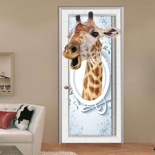 DIY Door Stickers PVC 3D Wall Painting Cartoon Giraffe Creative Poster Door Mural Wallpaper Boys and Girls Bedroom Living Room