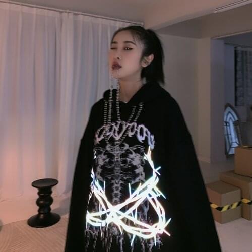 Harajuku punk reflective printed Hoodie womens fall loose hip hop leisure ins mens and womens top trend hoodies