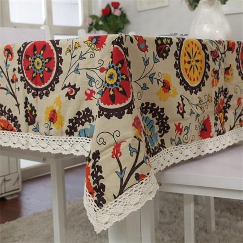 Classical Cotton Linen Tablecloth Bohemian Style Rectangle Printing Lace Table Cloth for Home Kitchen Dining Table Covers