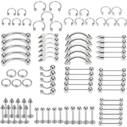 85pcs/Set Stainless Steel Segment Ring Mixed Nose Lip Eyebrow Tongue Ring Captive Bead Ring Body Piercing Jewelry For Men Women