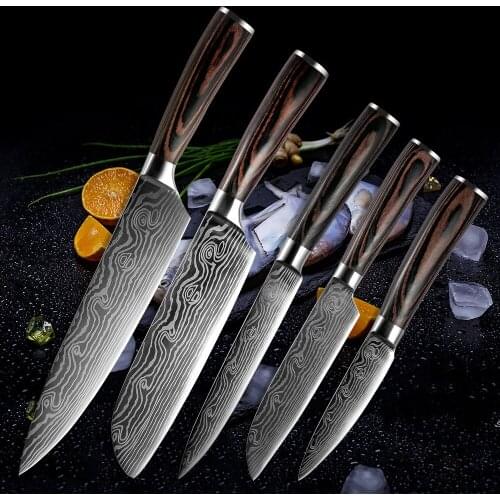 Kitchen Knives Paring Utility Santoku Slicing Chef Damascus Veins Color Wood Handle Stainless Steel Knife