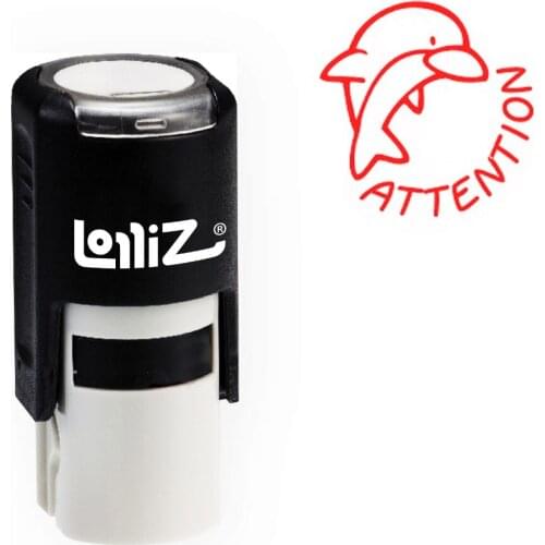 LolliZ Round Self-Inking Stamp, "ATTENTION" W/Delphine Image, Teacher Stamp with Lid, Laser Engraved Rubber, RED