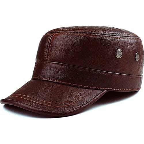 Mens Genuine Leather Hat Adult New Cowhide Hat Male Outdoor Warm Flat Leather Hat Winter Casual Leather Cap Adjustable B-8386