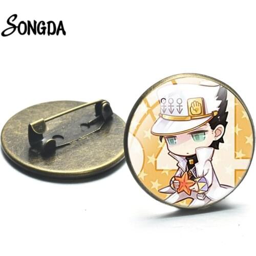 Newest Anime JoJos Bizarre Adventure Brooches Cartoon Figure Cool Photo Kujou Jotarou Student Hat Pins Glass Accessories