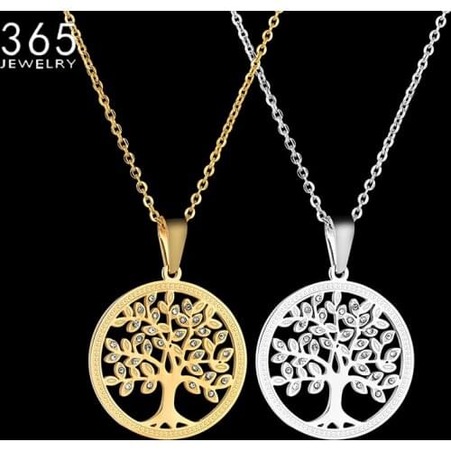 New Fashion Gold Color Tree Of Life Pendant Necklace Stainless Steel Crystal Round Necklace For Women Drop Shipping