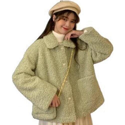 Autumn Winter Women Solid Color Faux Fleece Buttons Loose Pockets Coat Jacket
