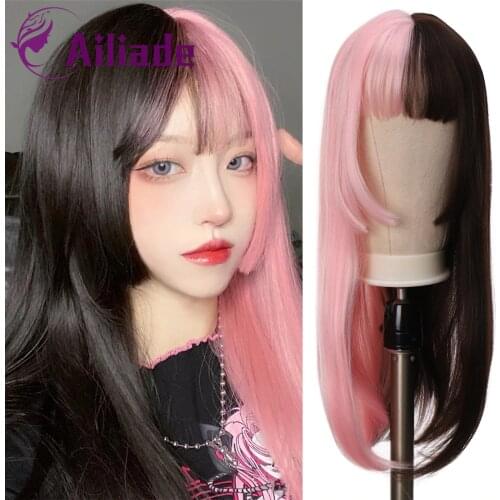 AILIADE Long Straight Synthetic Wigs Halloween Cosplay Wigs For Girl Women Heat Resistant Purple Blonde Black Pink Lolita Wig