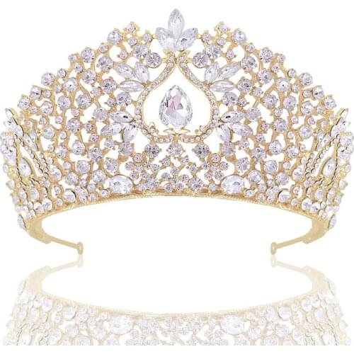 Bling Crystal Tiaras Gold Color Rhinestone Pageant Crowns Baroque Headbands for Women Desinger Wedding Hair Accessories FORSEVEN