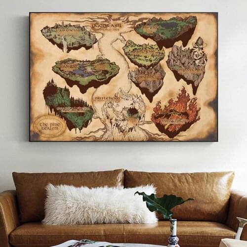 Norse Myth Nine Realms Map Thor Movie Posters And Prints Asgard And Midgard World Tree Picture On Wall Art Canvas Painting