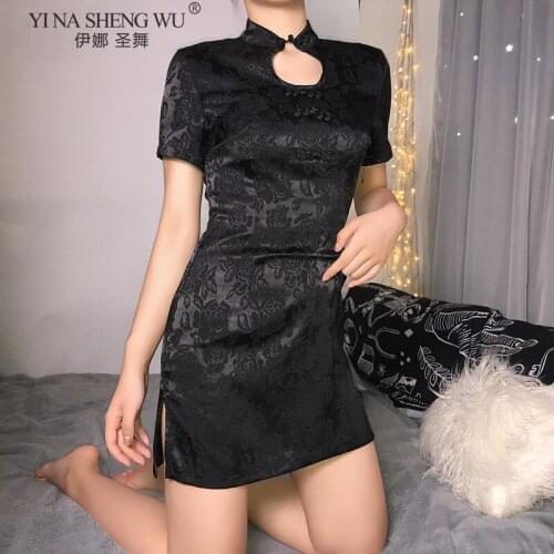 Chinese Style Jacquard Vintage Black Dress Women New style fashion Embroidery Cheongsam Summer Fashion Mini Dresses Sundress