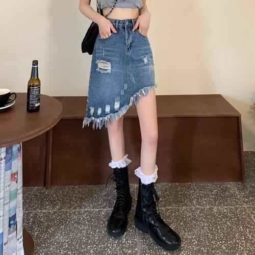 S-5XL 2021 Spring Summer Women Plus Size Irregular Tassel Hole Denim Vintage Asymmetrical Skirt Jupe Faldas Femme Raw-edge Hem