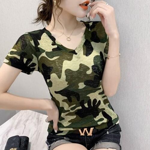 Woman Tshirts Women Summer Plus Size Harajuku Short Sleeve Printed V-Neck Tops T Shirt Femme T-Shirts Camouflage Mujer Camisetas