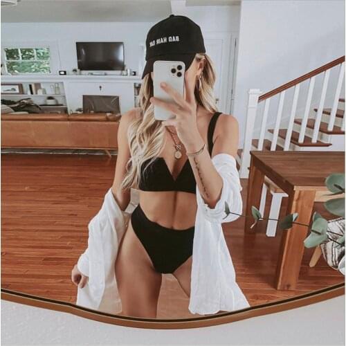 2021 Summer Woman Sexy VNeck Two Pieces Swimsuit Bikini New Solid Black Bikini Set Beachwear Sexy Briefs Beach Bathing Swim Suit