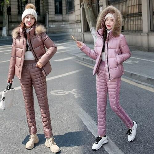 2021 Winter Women Two Piece Sets Thicken Women Parkas Tracksuit Fur Collar Hooded Cotton Coat and Pants Ladies 2 Piece Set Q695