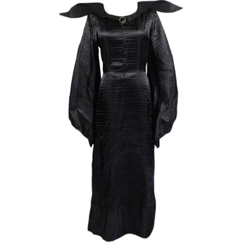 Women Halloween Movie Black Long Gown Evil Queen Witch Dress Cosplay Horn Hat Y1AC