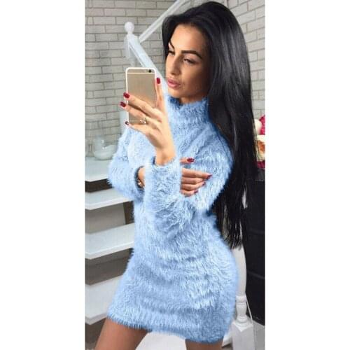 Womens solid color autumn and winter sexy high neck long sleeve sweater soft and warm short mini dress