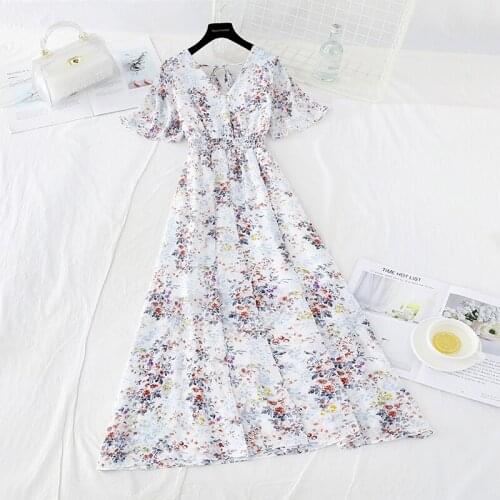 2021 Short sleeve Boho Backless Beach Long Dress Vintage Floral Print Women Dress Summer Sexy V-neck Chiffon Dresses Robe