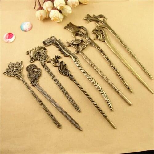 10Pcs Japanese Hair Sticks Metal Alloy Antique Bronze Plated Vintage Hair Jewelry for Women YW0010
