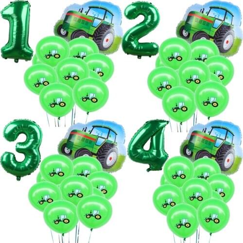 12PCS Cartoon Car Ballons Excavator Farm tractor Foil Balloon Globos Green Number 1 2 3th Gifts Birthday Party Decorations Balls