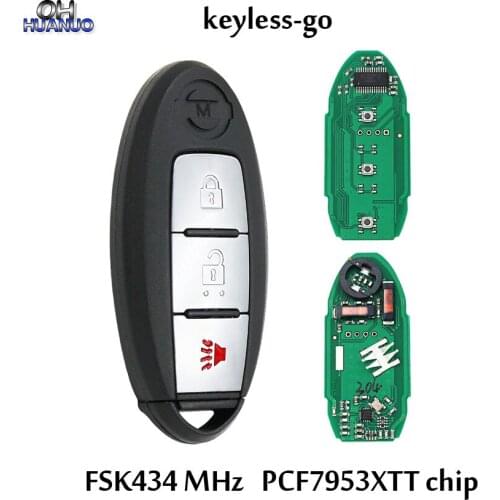Keyless-go 2+1 / 3 button FSK434 MHz PCF7953XTT Chip Remote Key For Nissan S180144005 /S180144304 with Insert Uncut Key Blade