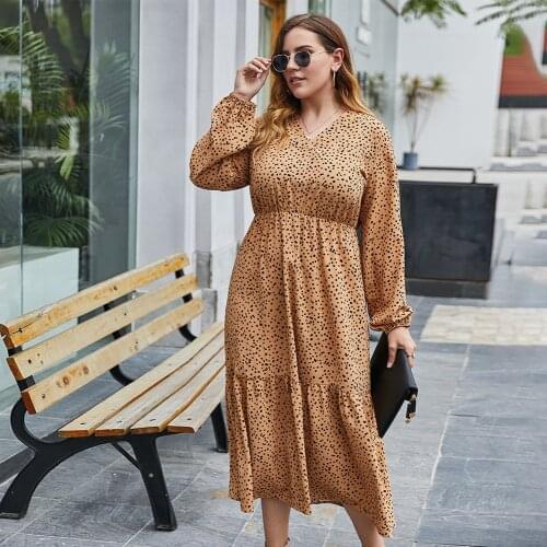 DOIB Dot Plus Size Dress Women V Neck Patchwork Full Lantern Sleeve Elastic Waist Large Size Dress 2020 Autumn Frocks