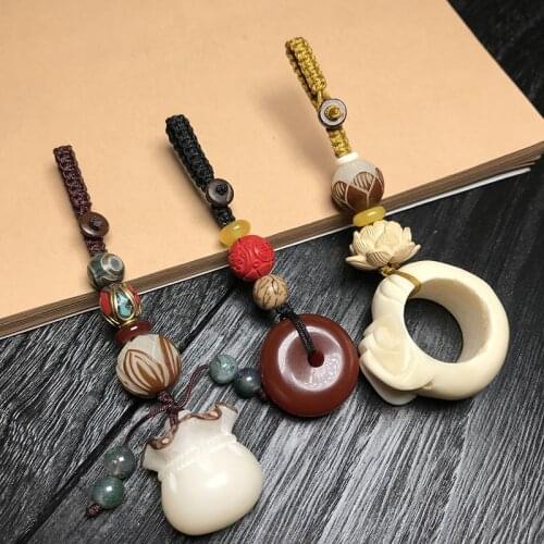Ethnic Carved Round Pendant Keychain for Women Bodhi Lotus Tassel Key Ring Holder Spiritual Meditation Jewelry