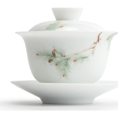 Chinese Traditional Style Ceramic Covered Teacup Teacup Tray Single Hand Printing White Tea Bowl For Home Hotel Office Tea Set