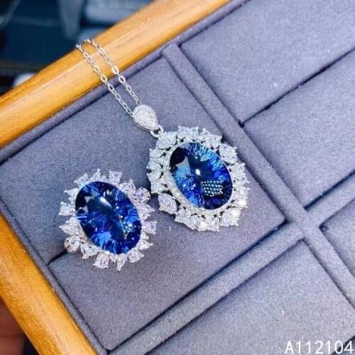KJJEAXCMY Fine Jewelry 925 Sterling Silver Inlaid Natural London Blue Topaz women noble classic large gem Ring Pendant Set suppo