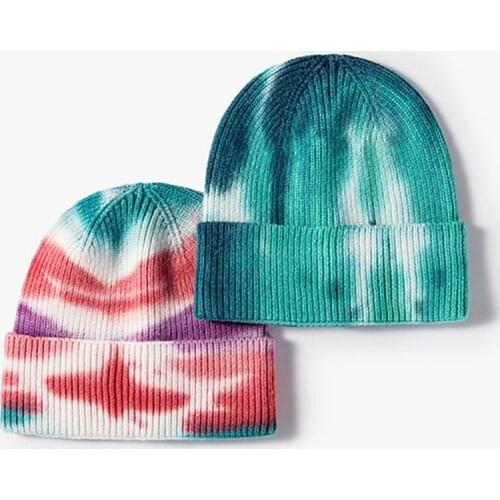 Fashion Tie Dye Warm Knitted Brimless Hat Winter Autumn Beanies Women Men Hip Hop Skullcap Casual Streetwear Melon Bonnets Caps