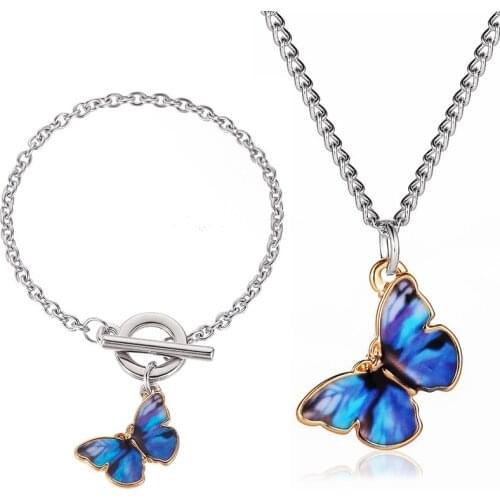 Fashion Butterfly Pendant Necklace Bracelet Set Jewelry Sets For Women Charm Drop Bracelet Bridal Jewelry Party Gifts