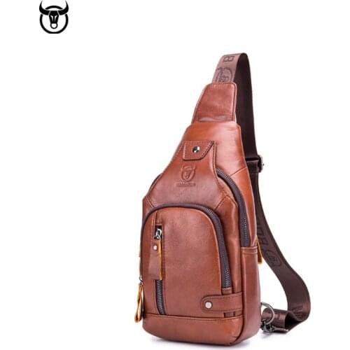 BULLCAPTAIN genuine Leather Mens chest bag One crossbody bags with USB rechargeable Messenger bag with front pockets