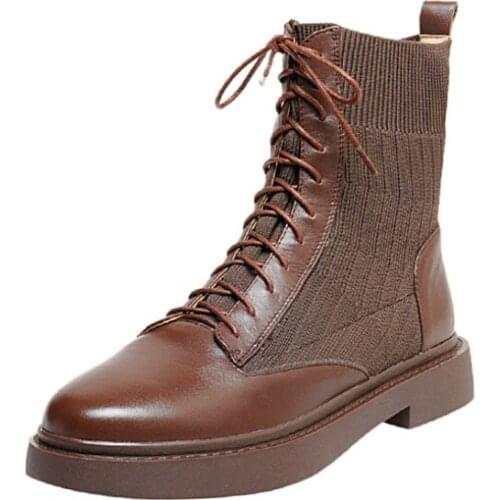 Autumn Winter British Style Stretch Fly Woven Lace-up Ankle Boots Flat Heel Round Leather Martin Boots Large Size Womens Shoes