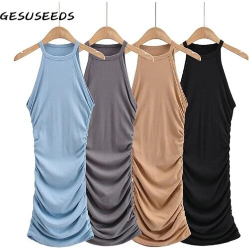 Sexy Dress Women Summer Off Shoulder Dresses Knitted Mini Dress Bodycon O Neck Tank Dresses for Women 2021 Ruched Dress Black