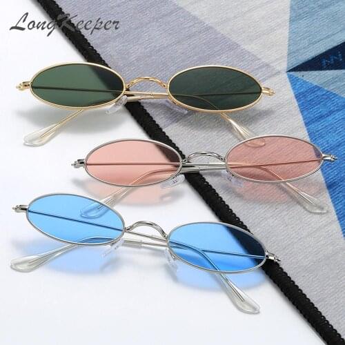 LongKeeper Retro Small Oval Sunglasses Women Men Vintage Ocean Lens Shades Black Green Blue Metal Sun Glasses UV400 Gafas