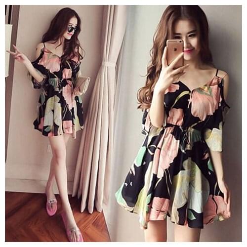 Thin Chiffon Floral Dress Summer Shoulderless Fresh Japanese Style Sling Beach Suspender Dresses