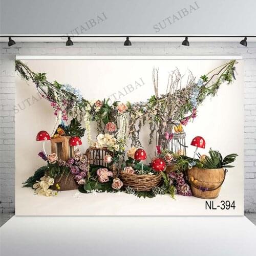 Spring Scenery Backdrop Green Plants Fairy Tale Forest Children Newborn Floral Mushrooms Butterfly Flowers Photo Background