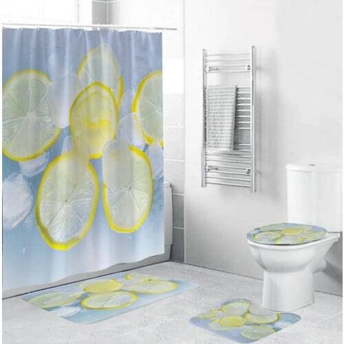 Ice Cube Lemon Polyester Fabric Shower Curtain Bathroom Curtains Non Slip Rugs Carpet Toilet Flannel Bath Mat Set Home Decor