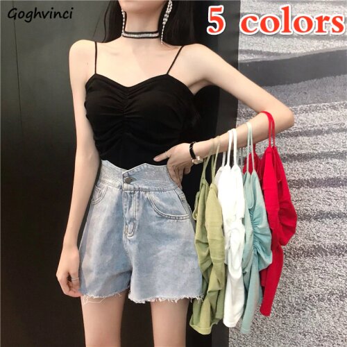 Women Camis Spaghetti Strap Pleated All-match Solid Color Elegant Slender Knitting Summer Camisoles Ins Stylish Chic Korean New