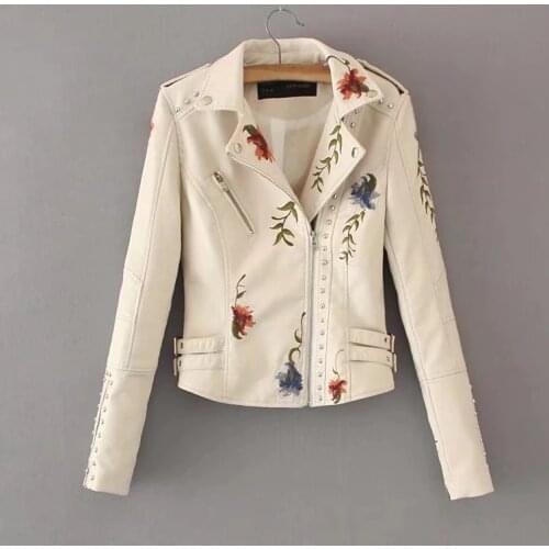 2019 New Spring Autumn Leather Jackets For Women Fashion Embroidery Long Sleeve Slim Zipper Coat Ladies Moto Punk Rivets Jacket