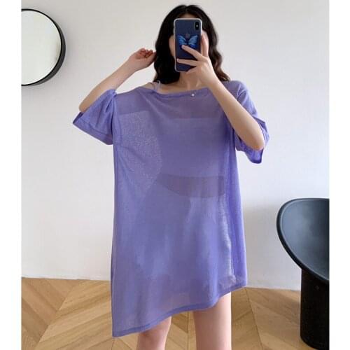 European Summer New Sexy One-collar Solid Color Mid-length Thin Ice Silk Knitted T-shirts Women Tops Fashion Streetwear 2021