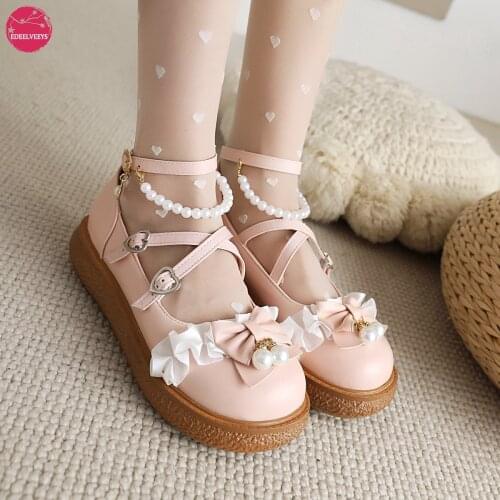 Women Sweet Bow Platform Mary Janes Shoes String Bead Heart-Shaped Buckle Strap School Pumps Lady Autumn Cute Japanese Cosplay