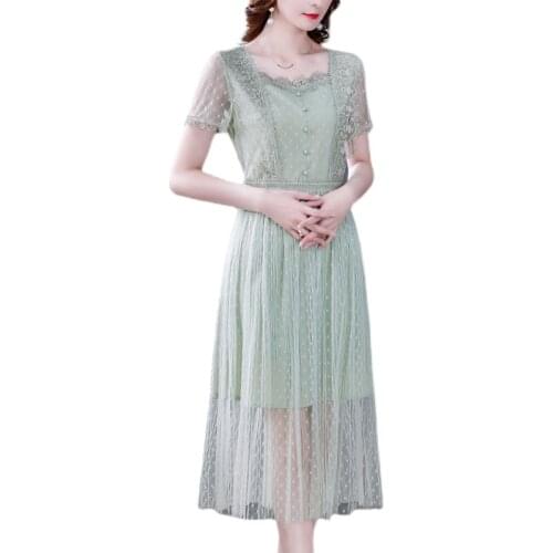2021 New Summer Women Square Collar Short Sleeve Slim Long Dress High Quality Lace Patchwork Dots Mesh Dress