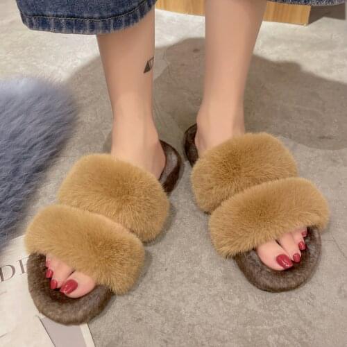 Winter Women Mature Outdoor Fur Slippers Fluffy Furry Slides Platform Flat Non Slip Open Toe Celebrities Fashion Shoes Ladies