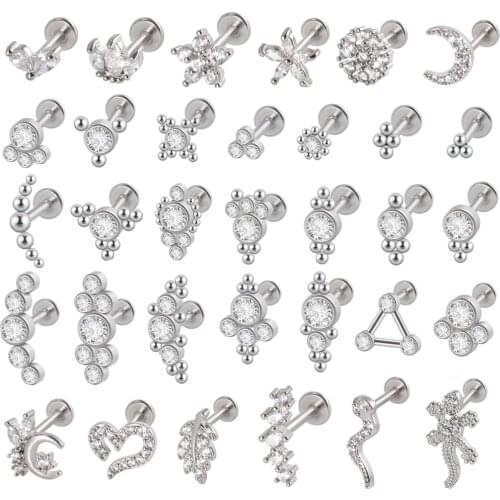 1PC G23 Titanium&Steel 16G CZ Gem Moon Labret Lip Bar Ring Crystal Flower Ear Cartilage Tragus Helix Piercing Screw Fit Top 16g